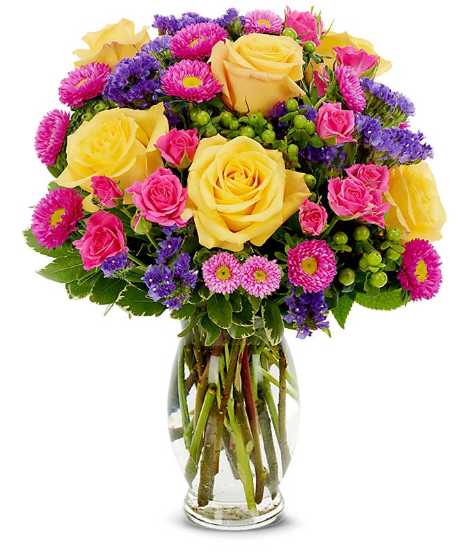 Yellow roses, hot pink roses and asters for delivery